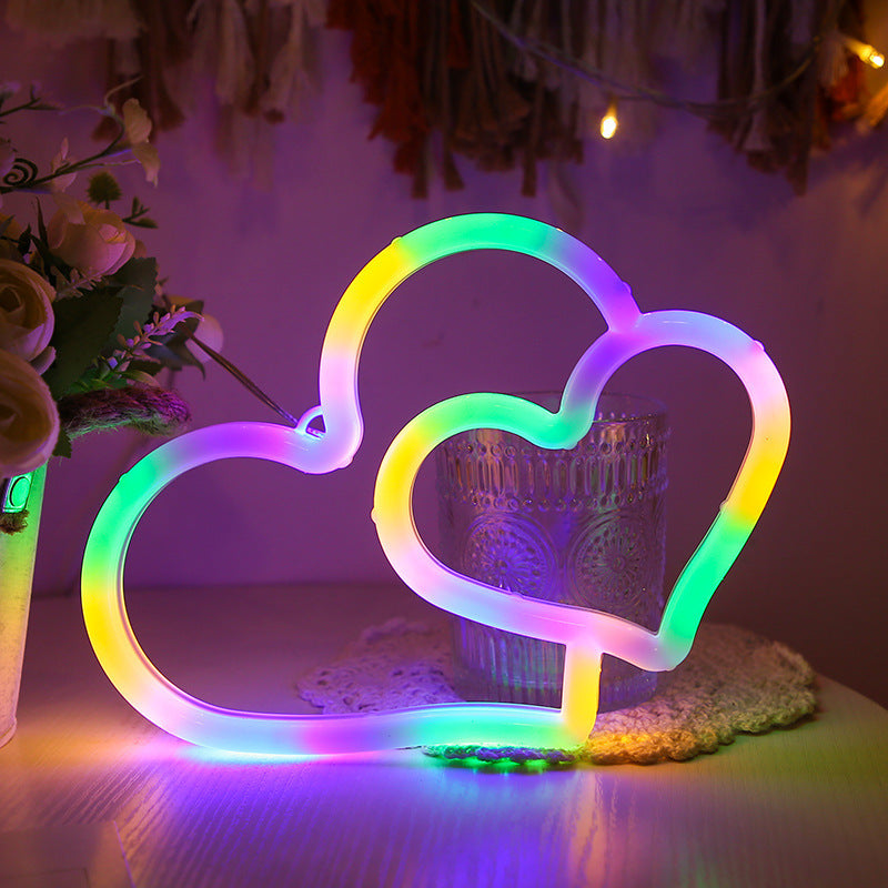 LED Neon USB Battery Powered Double Love Bedroom Decor Hanging Home Festive